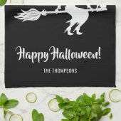 Heks op een bezem zwart en wit gelukkig Halloween Theedoek (Gevouwen)