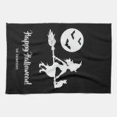 Heks op een bezem zwart en wit gelukkig Halloween Theedoek (Horizontaal)