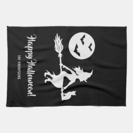 Heks op een bezem zwart en wit gelukkig Halloween Theedoek