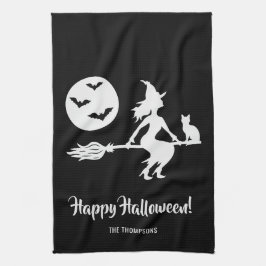 Heks Op Een Bezem Zwart En Wit Gelukkig Halloween Theedoek