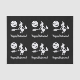 Heks op een bezem zwart en wit gelukkig Halloween Tissuepapier