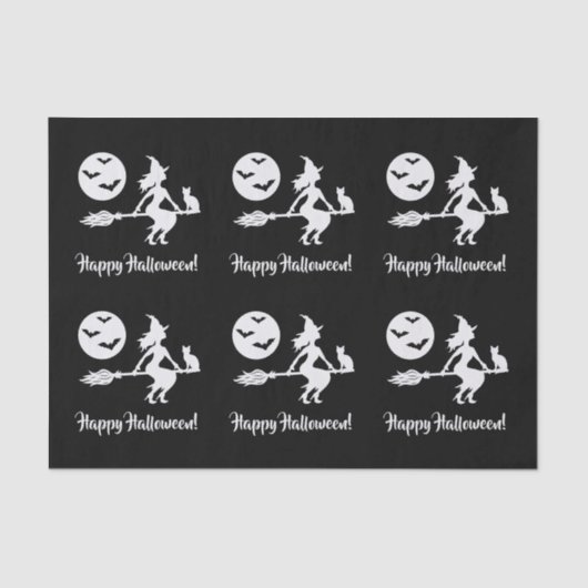 Heks op een bezem zwart en wit gelukkig Halloween Tissuepapier (Voorkant)