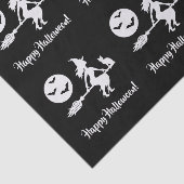 Heks op een bezem zwart en wit gelukkig Halloween Tissuepapier (Detail)
