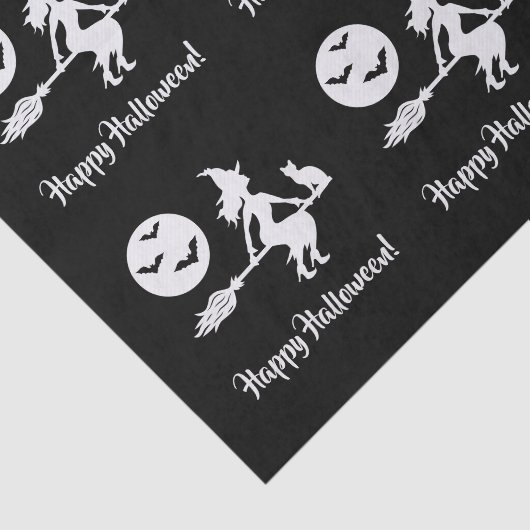 Heks op een bezem zwart en wit gelukkig Halloween Tissuepapier (Detail)