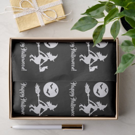 Heks op een bezem zwart en wit gelukkig Halloween Tissuepapier (Geschenk)