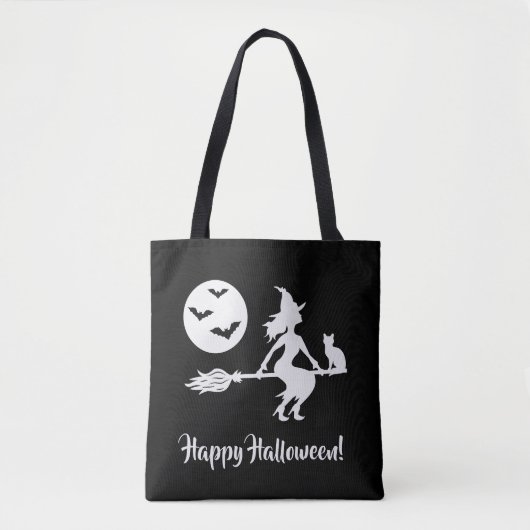 Heks op een bezem zwart en wit gelukkig Halloween Tote Bag (Voorkant)