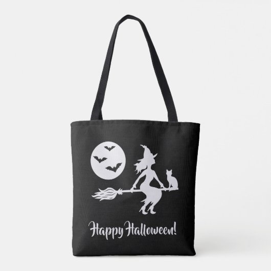 Heks op een bezem zwart en wit gelukkig Halloween Tote Bag (Achterkant)