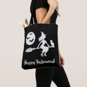 Heks op een bezem zwart en wit gelukkig Halloween Tote Bag (Dichtbij)