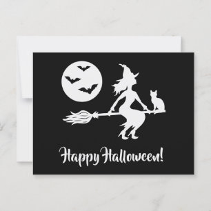 Heks Op Een Bezem Zwart En Wit Prettig Halloween Briefkaart