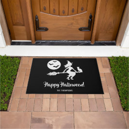 Heks Op Een Bezem Zwart En Wit Prettig Halloween Deurmat