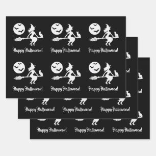 Heks Op Een Bezem Zwart En Wit Prettig Halloween Inpakpapier Vel