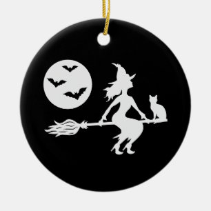 Heks Op Een Bezem Zwart En Wit Prettig Halloween Keramisch Ornament