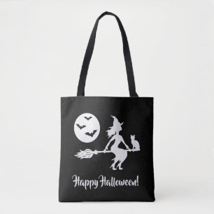 Heks Op Een Bezem Zwart En Wit Prettig Halloween Tote Bag