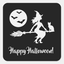 Heks Op Een Bezem Zwart En Wit Prettig Halloween Vierkante Sticker