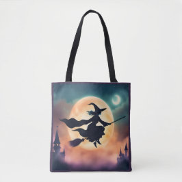 Heks op een bezemsteel Halloween Tote Bag