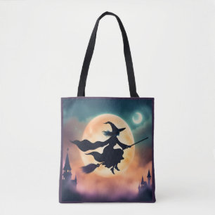 Heks op een bezemsteel Halloween Tote Bag