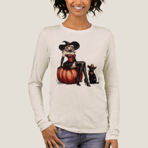 Heks op een Pompoen met een Zwarte Kat Halloween Tri-Blend Shirt