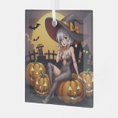 Heks op Jack-O-Lantern Halloween boerderij Glas Ornament (Voorkant links)