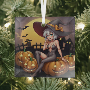 Heks op Jack-O-Lantern Halloween boerderij Glas Ornament