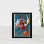 Heks op Maan met Uil Vintage Halloweenkaart Kaart (Voorkant)
