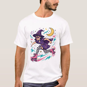 Heks op rollerschaatsen Retro Halloween-kunst T-shirt