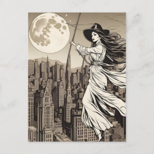Heks over de stad op een volle maan, Halloween Briefkaart