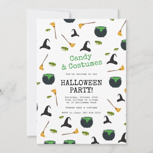 Heks Pet bezem caldron groen Halloween feest Kaart (Voorkant)