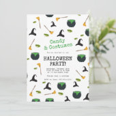 Heks Pet bezem caldron groen Halloween feest Kaart (Staand voorkant)