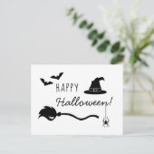 Heks Pet en bezem met spin en vleermuizen Hallowee Briefkaart (Staand voorkant)