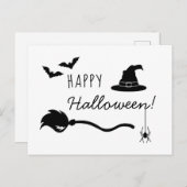 Heks Pet en bezem met spin en vleermuizen Hallowee Briefkaart (Voorkant / Achterkant)