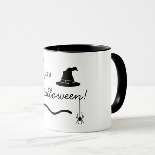 Heks Pet en bezem met spin en vleermuizen Hallowee Mok (Voorkant rechts)