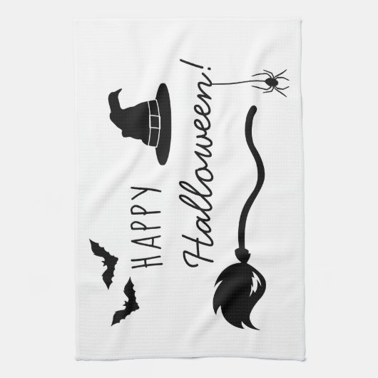Heks Pet en bezem met spin en vleermuizen Hallowee Theedoek (Verticaal)