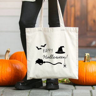 Heks Pet en bezem met spin en vleermuizen Hallowee Tote Bag