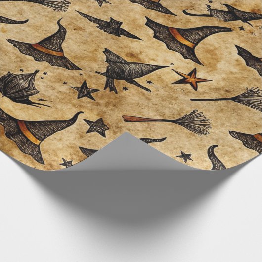 heks Petten & bezemstelen Halloween Pattern Cadeaupapier (Hoek)