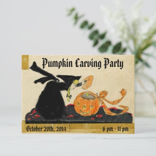 Heks & Pompoen  Halloween Carving Party Kaart (Staand voorkant)