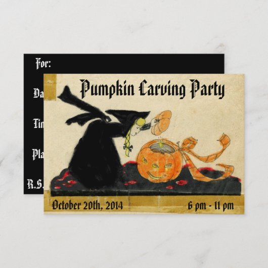 Heks & Pompoen  Halloween Carving Party Kaart (Voorkant / Achterkant)