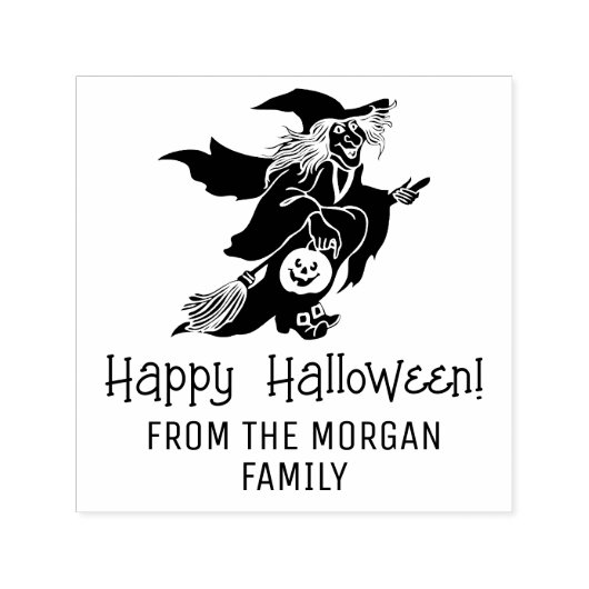 Heks & Pompoen Silhouet Happy Halloween Naam Zelfinktende Stempel (Design)