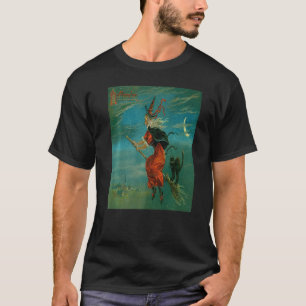Heks rijdend op bezemsteel met zwarte kat Vintage T-shirt