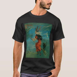 Heks rijdend op een bezemsteel met een zwarte kat t-shirt