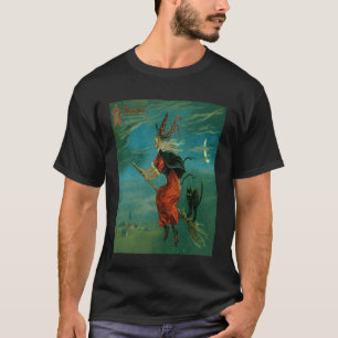 Heks rijdend op een bezemsteel met een zwarte kat t-shirt