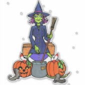 heks roert een cauldron | Halloween monster Sticker (Voorkant)