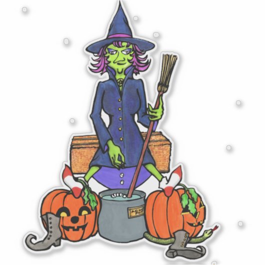 heks roert een cauldron | Halloween monster Sticker (Voorkant)