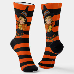  heks Sinaasappel en zwart Schattige Halloween Sokken