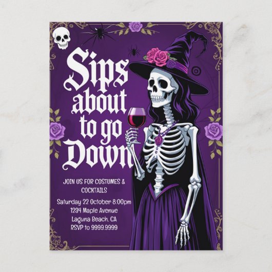 Heks Skelet Halloween Feestdagenkaart (Voorkant)