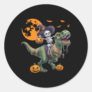 Heks Skelet Rijdend op Dinosaurus T Rex Halloween Ronde Sticker