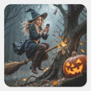 Heks sms'end terwijl ze op een bezem vliegt vierkante sticker
