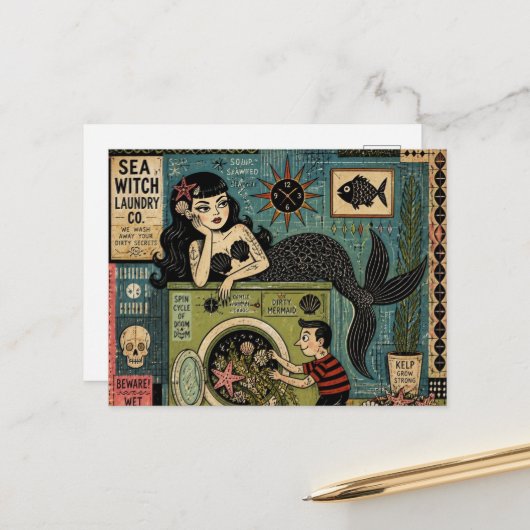 Heks uit het midden van de eeuw op wasdag briefkaart (Voorkant / Achterkant in situ)