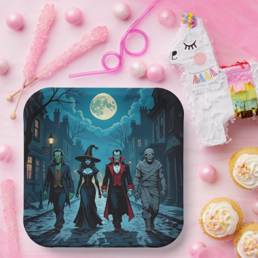 Heks, Vampier, Dracula en Mummy Halloween Party Papieren Bordje (Feest)