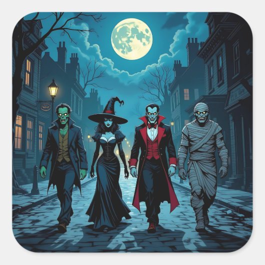 Heks, Vampier, Dracula en Mummy Halloween Party Vierkante Sticker (Voorkant)