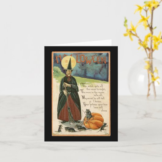 Heks van Halloween Vintage Kaart (Gele Bloem)